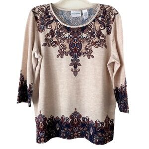 Alfred Dunner Top, Sz. L, Navy/Rust Paisley Print, Sequin Embellishment